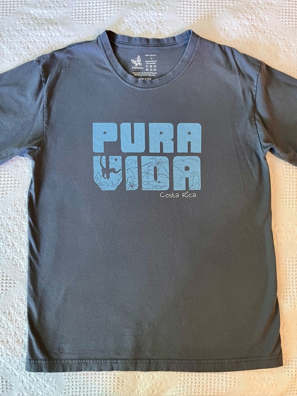Pura Vida Costa Rica Short Sleeve Tee in Slate Gray with Light Blue Print